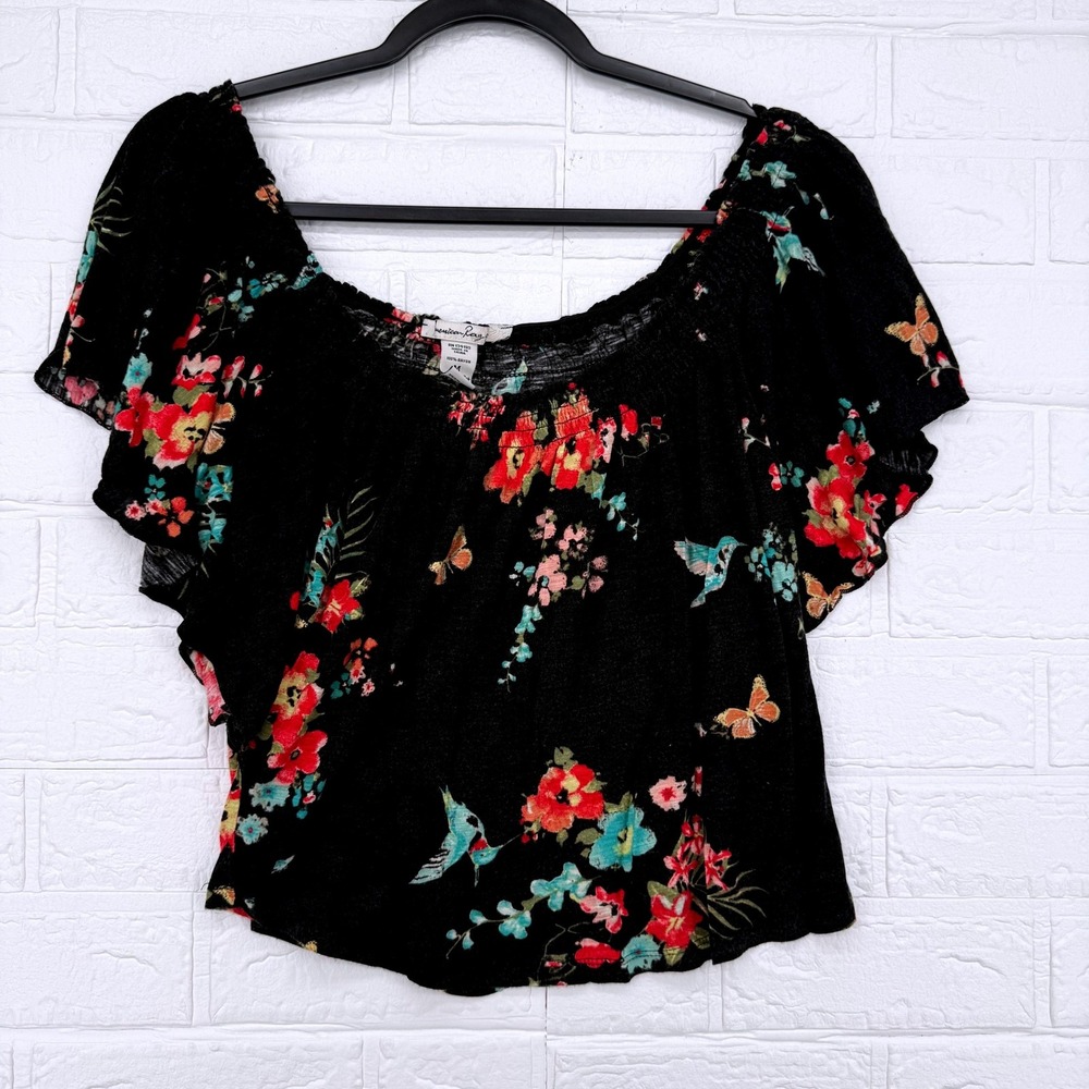 American Rag Top Womens Medium Black Floral Hummingbird Butterfly Off Shoulder